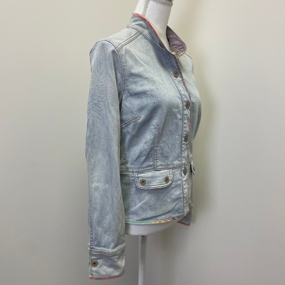 Y2K Gap Stretch Light Wash Mandarin Collar Denim Jacket M Tropical Lining VTG - Picture 6 of 16